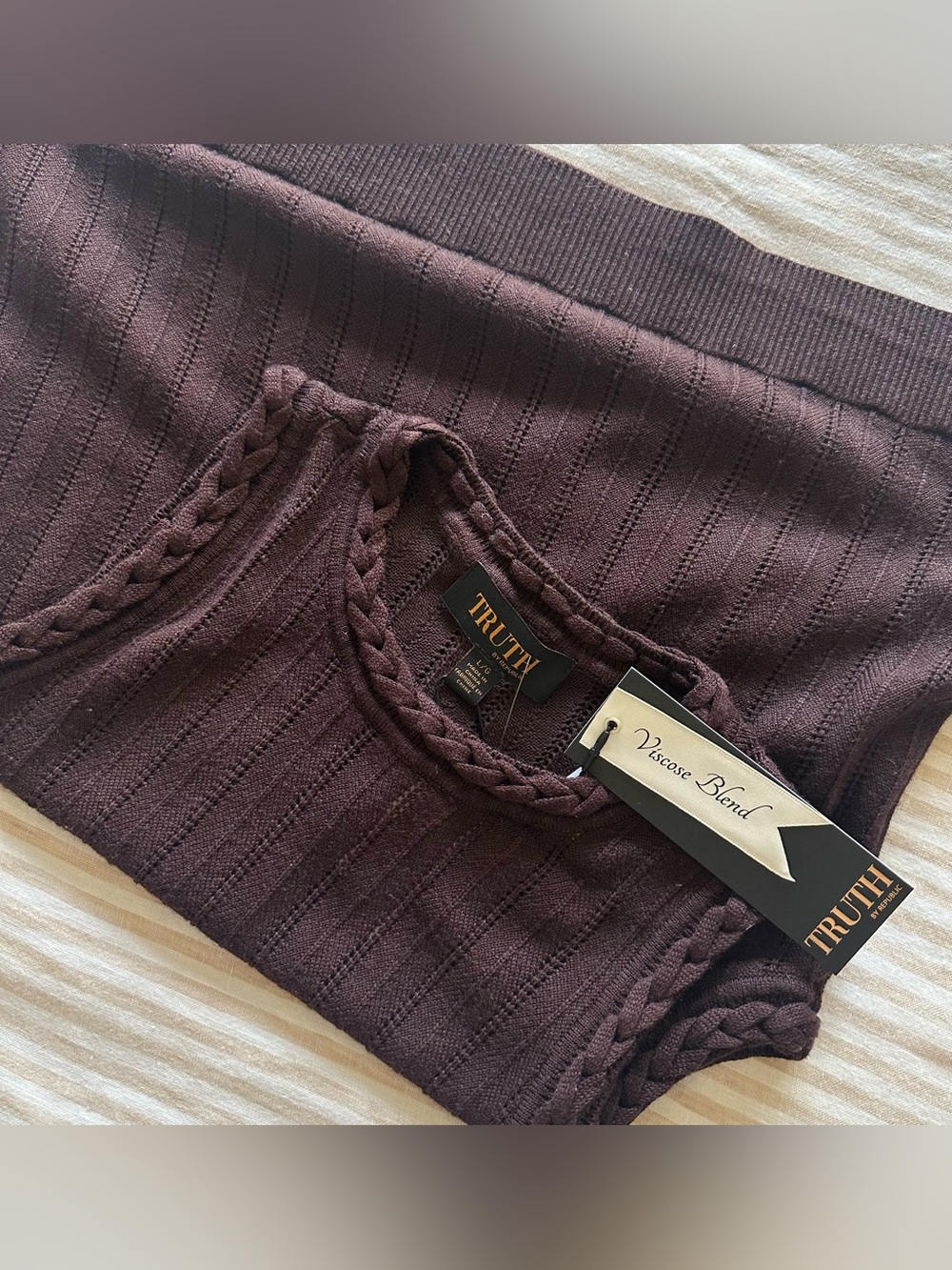 truth chocolate brown knit tank w braided trim / size large